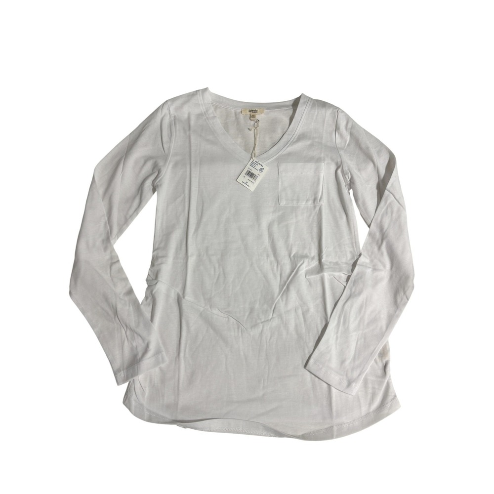 NWT Splendid Eco Maternity Long Sleeve Side Ruched Tee XS White Stretch‎ V-Neck